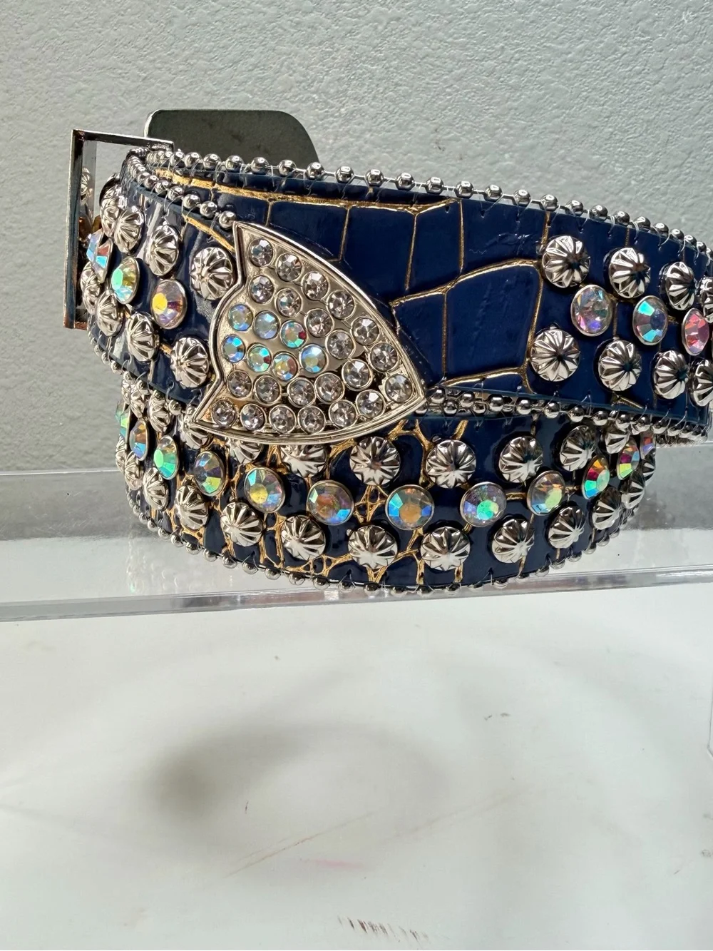 Western Blue Rhinestone Belt Crystal Diamond Studded Faux Leather Cowgirl Belt